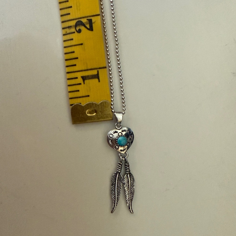 Western Genuine Turquoise Sterling Silver Heart and Feather 18” Necklace